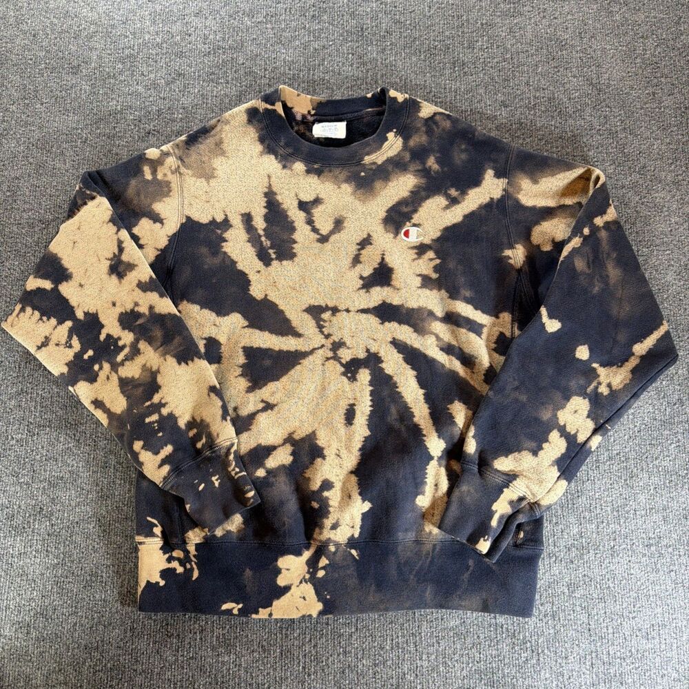 Champion Reverse Weave Bleach Tie Dye Crewneck Sweatshirt Medium Black Y2k
